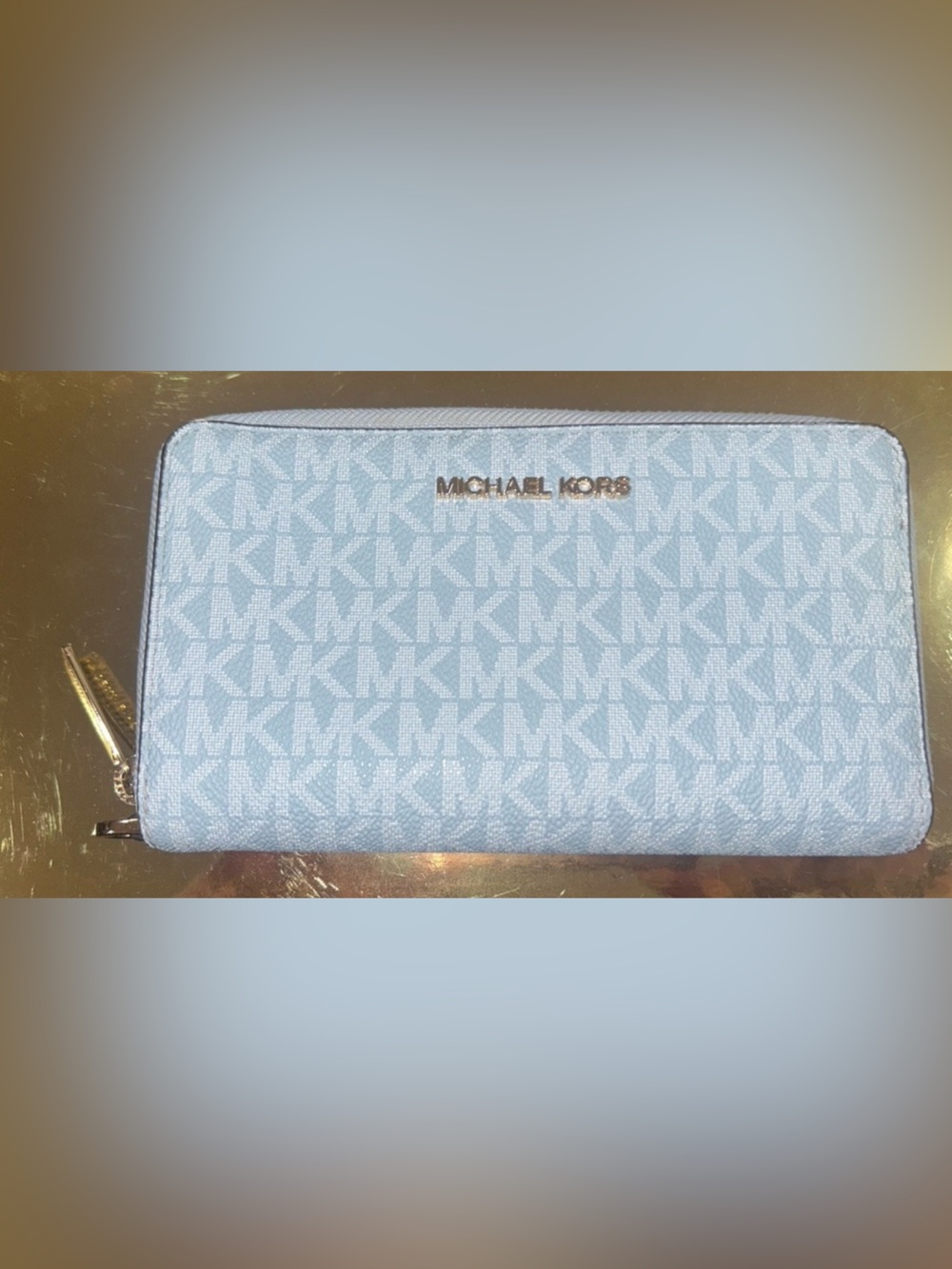 Michael Kors Pale Blue Logo Zip Around Wallet with Gold Hardware. EUC
